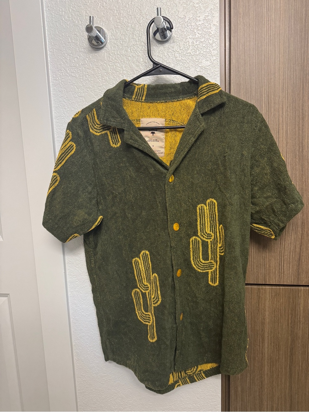 OAS Olive Green Short-Sleeve Button-Down with Yellow Cactus Motif
